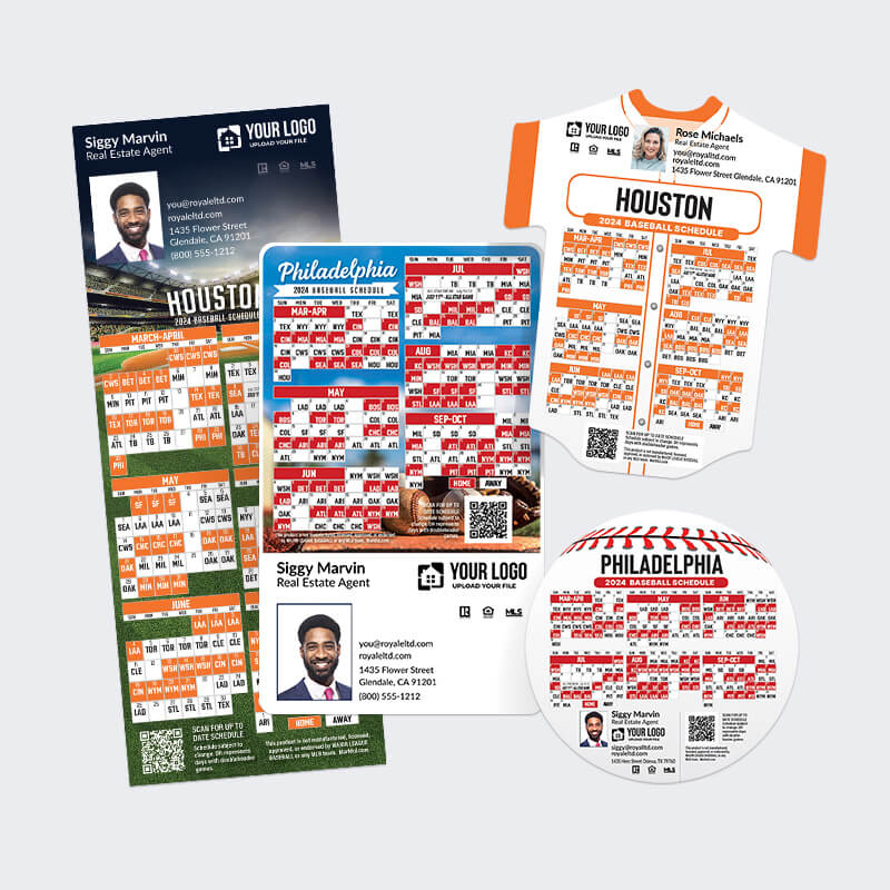 a collection of custom promotional materials for sports schedules, including items with personalized branding. On the top left, there is a door hanger with a photo of a male real estate agent, his contact information, and a QR code, set against a dark background. Below it is a similar design for a magnet. The top right shows a t-shirt shaped magnet with a female real estate agent's photo, contact info, and a QR code. In the center, two sports schedule magnets for the Houston and Philadelphia baseball teams for the 2024 season are displayed, each in the shape of the respective team's jerseys. Lastly, on the bottom right, there is a circular magnet with the Philadelphia baseball schedule. Each item features placeholders for a company logo and is designed to be a marketing tool that combines sports schedules with real estate agent advertising.